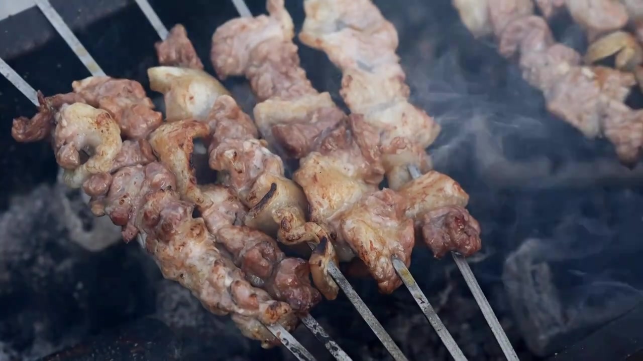 美食烧烤肉串烤肉串羊肉串五花肉视频下载