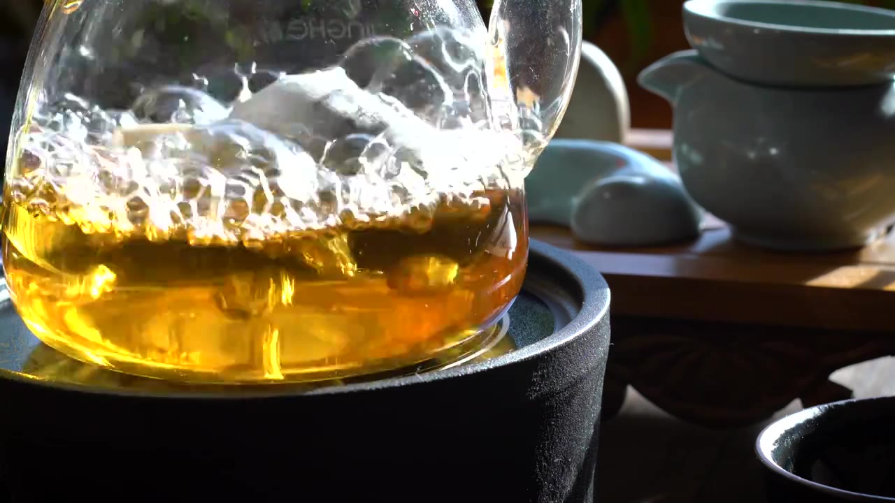 电陶炉  玻璃壶  煮沸的老白茶视频下载