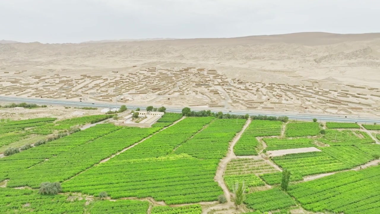 吐鲁番火焰山下的葡萄沟HDR航拍视频下载