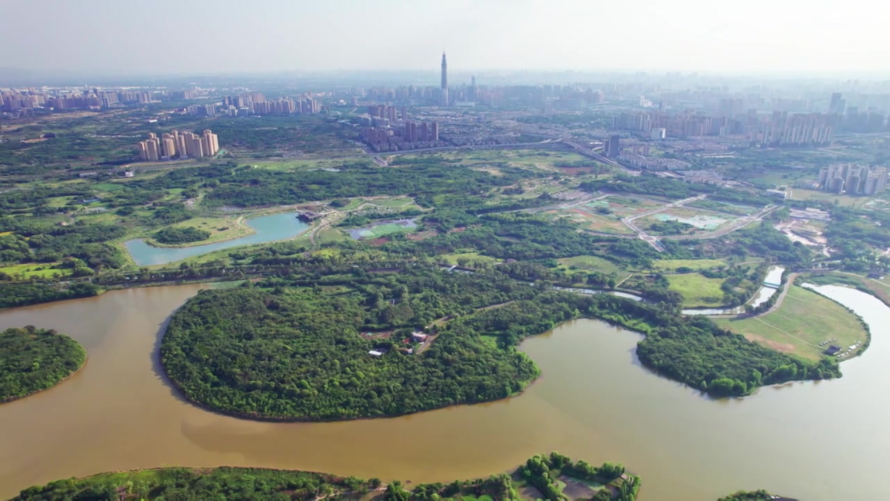 成都青龙湖湿地公园白昼航拍视频下载