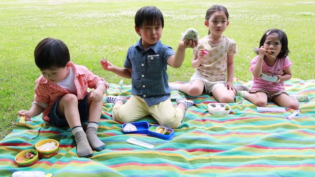 日本东京，日本的孩子们在公园里野餐视频素材