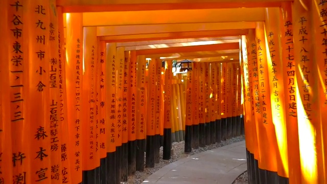 POV镜头-走过日本京都伏见稻成神社的牌坊大门视频下载