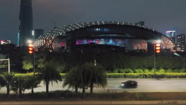 深圳湾体育中心夜景航拍视频素材