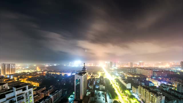 广西钦州城市夜晚夜转日平流雾晨雾全景日出延时风光视频素材