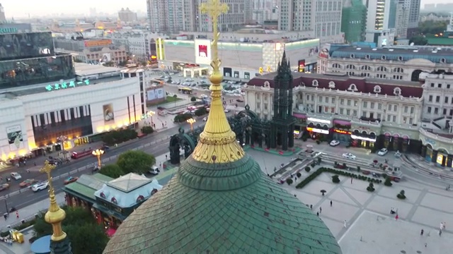 哈尔滨圣索菲亚教堂日落航拍视频素材