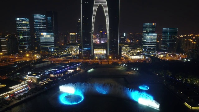 苏州金鸡湖音乐喷泉夜景无人机视频素材