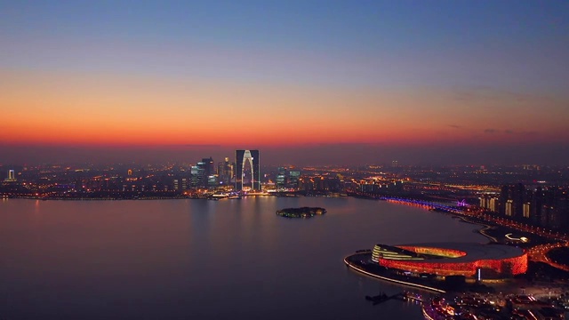 航拍苏州金鸡湖城市风光夜景视频下载