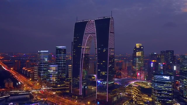 航拍苏州金鸡湖城市夜景风光视频素材