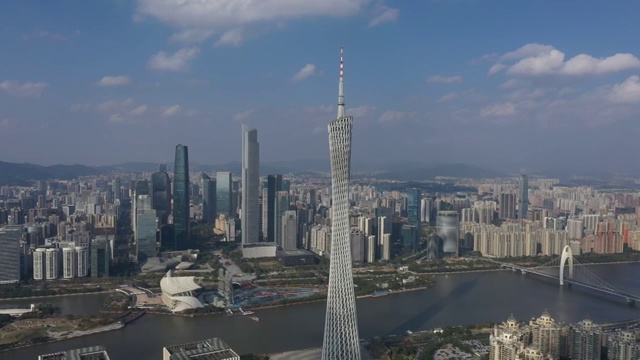 航拍广州塔与CBD蓝天白云视频素材