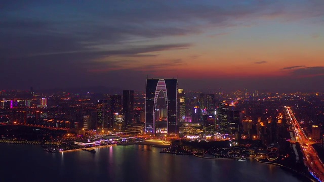 航拍苏州金鸡湖城市风光夜景视频素材