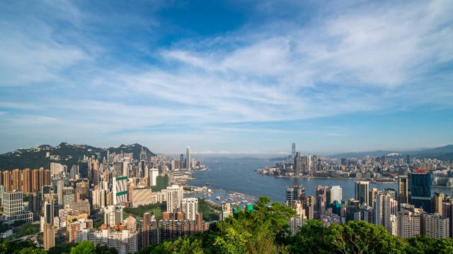 晴天多云下的中国香港城市天际线延时摄影视频素材