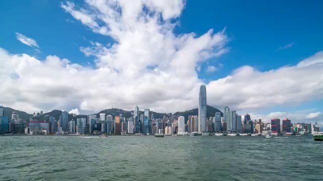 晴天多云下的中国香港城市天际线延时摄影视频素材