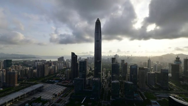 俯拍深圳福田区会展中心，平安金融大厦日落视频素材