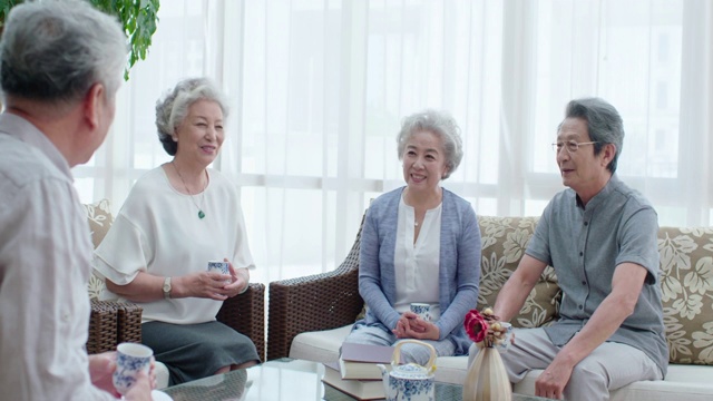 快乐的老年朋友在客厅喝茶视频下载