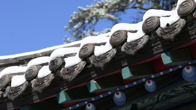 雪后寺庙屋檐冰雪消融水滴落视频素材