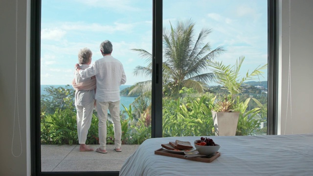 快乐的老年夫妇在露台看风景视频素材