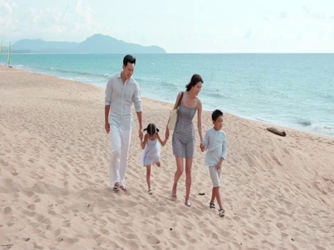 快乐的年轻家庭在沙滩散步视频素材