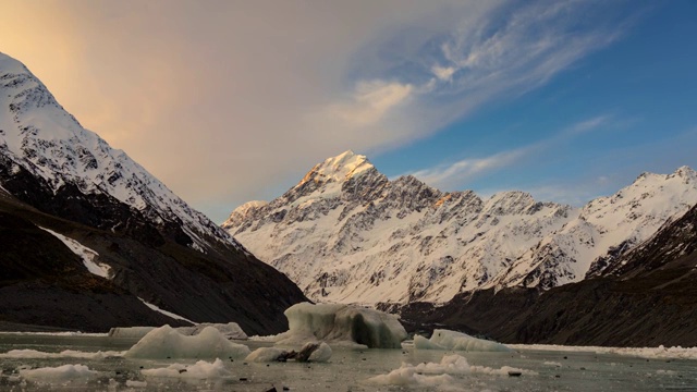 新西兰库克山冰川湖日落延时视频素材