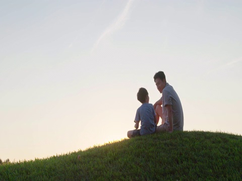 快乐的父子俩坐在草地上视频素材
