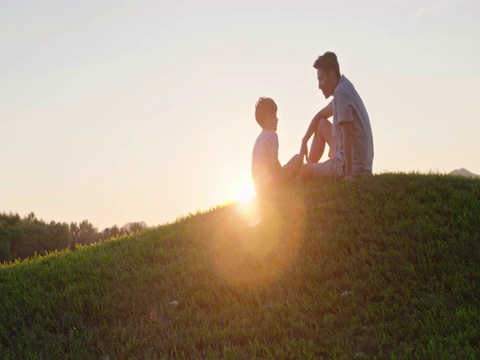 快乐的父子俩坐在草地上视频下载
