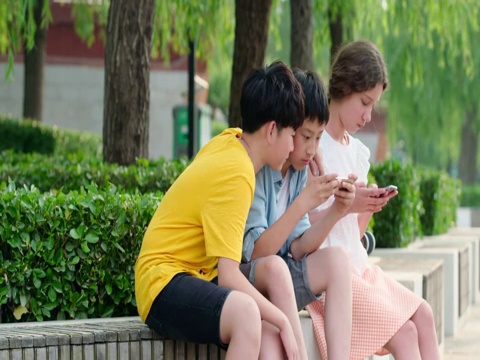 青少年在公园玩手机视频素材