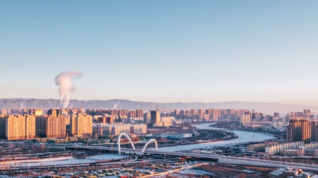中国内蒙古呼和浩特城市大桥日出延时摄影视频素材
