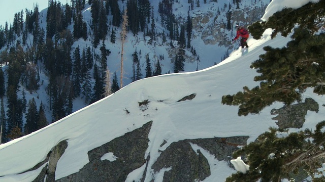 一名男子在背光的山脊上滑雪，终点是双空/阿尔塔，雪鸟，美国犹他州视频素材