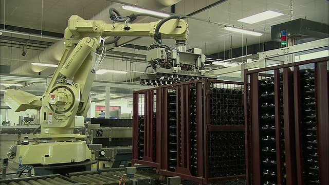 MS单流水线机器人从工厂/兰斯，香槟，法国的传送带上的储存箱中移动一堆堆瓶子视频下载