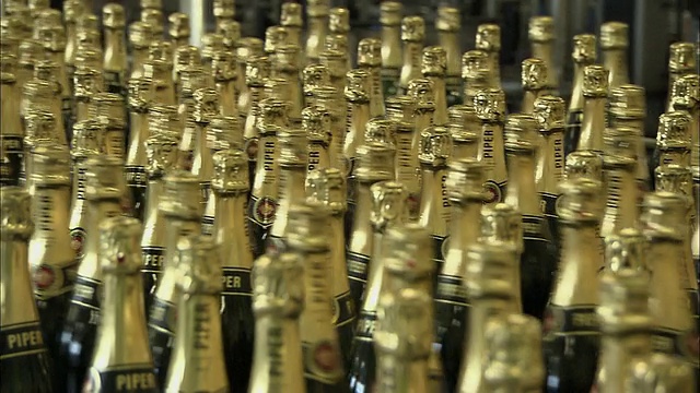 铜PAN黄金香槟瓶在传送带上向不同方向移动/兰斯，香槟，法国视频下载