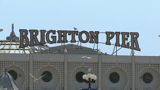 CU布莱顿码头标志，海鸥在前景/布莱顿，英国视频素材