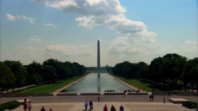 美国华盛顿特区，在购物中心水池和华盛顿纪念碑的WS, ZI人视频下载