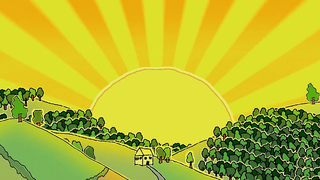 炽热的阳光照在涂鸦的乡村风景上，可循环使用视频素材