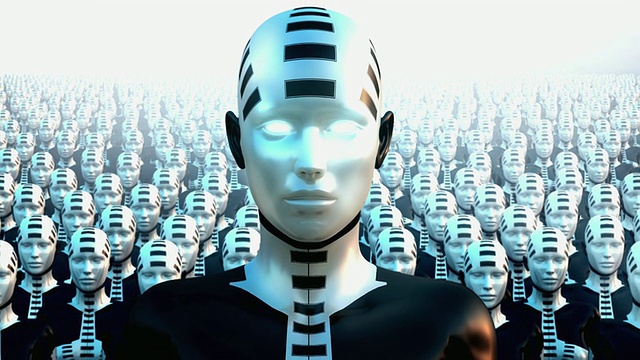 一排排的机器人和领导者站在前景，光线从眼睛和胸部照射出来视频素材