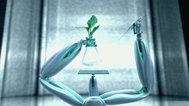 CGI MS机器人手臂举起含有植物茎的小瓶，并注射发光物质视频素材