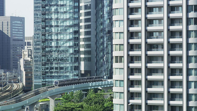 从Shinbashi Terminal经过Twin Park Towers Apartments / Tokyo, Tokyo-to, Japan之间的Shiodome Sio Site建筑之间完全计算机化的百合果线视频素材