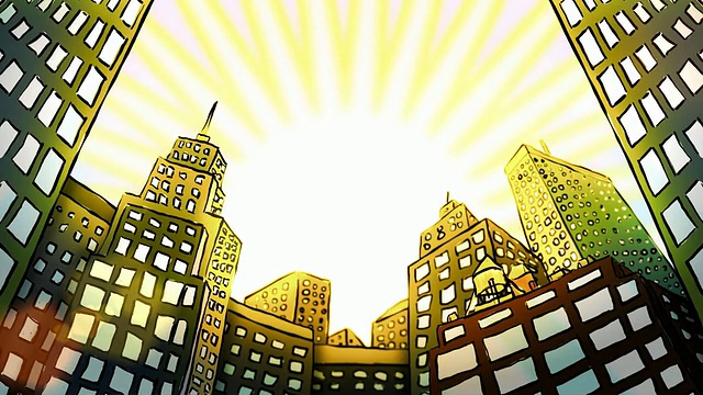 卡通城市建筑与炽热的太阳循环视频素材