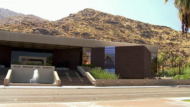 美国加州圣哈辛托山脚棕榈泉艺术博物馆的镜面玻璃上反射的棕榈树视频下载