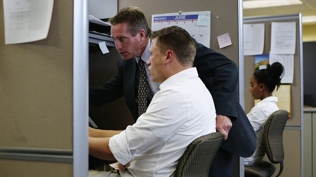 ZI女士:美国犹他州奥勒姆的办公室里，两名男子在电脑前聊天视频素材