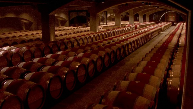 在加州纳帕谷的Robert Mondavi酿酒厂，关闭酒桶/倾斜大量的酒桶排列在酒窖中视频素材