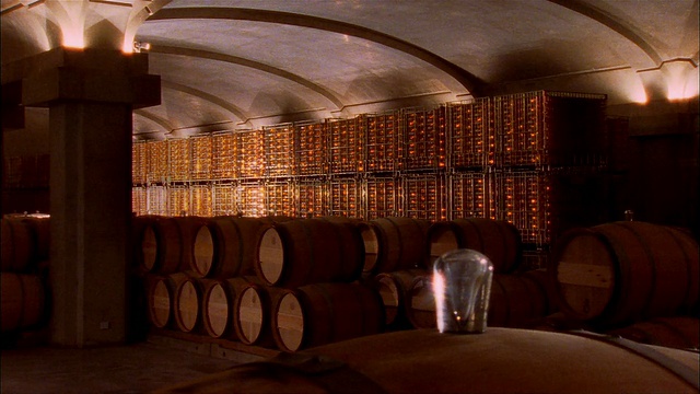 法国波尔多的伊奎姆酒庄(Chateau d'Yquem / Graves)的酒窖里堆放着一排排的酒瓶和酒桶视频下载