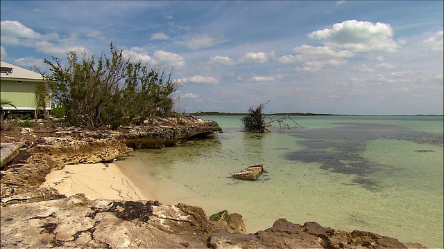 宽镜头淘洗海滩湾的岩石海岸线视频下载