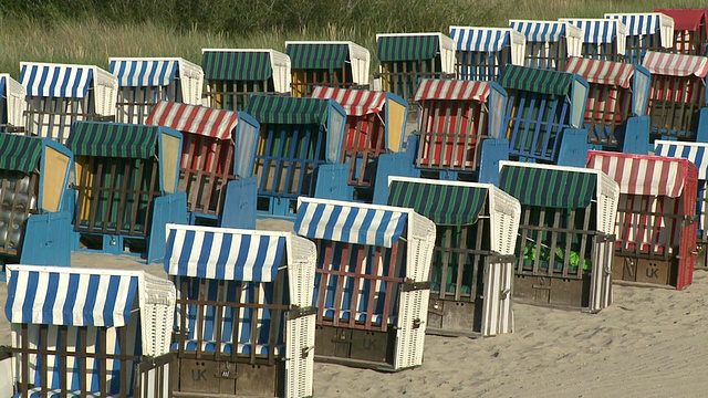 在波罗的海海滩上的带帽沙滩椅的视图/津诺维茨，Usedom，梅克伦堡西波美拉尼亚，德国视频素材