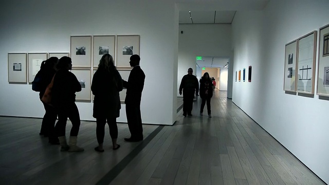 在美国加州洛杉矶博物馆，游客们在白色的墙壁上剪影，并展出摄影艺术视频下载