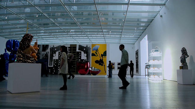 在美国加州洛杉矶的布罗德当代艺术博物馆(Broad Contemporary Art Museum)，参观者在现代展厅中漫步视频下载
