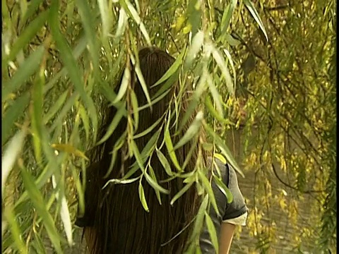中枪年轻女子飘过柳树的枝叶视频素材