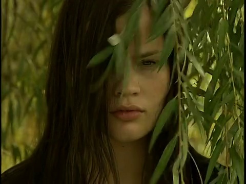 近距离的年轻女子与棕色长发凝视柳树的枝叶视频素材
