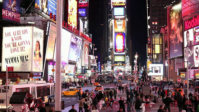 在美国纽约时代广场，伴随着交通和霓虹灯照亮的街道场景视频素材
