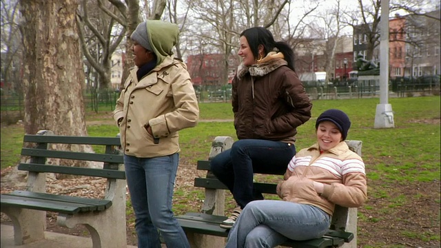 在美国纽约布鲁克林的威廉斯堡公园，年轻的女性在街上互相握手和发短信视频素材