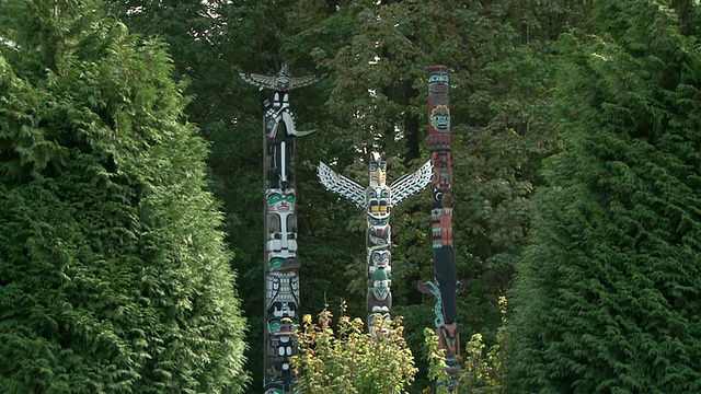 加拿大不列颠哥伦比亚省温哥华斯坦利公园的3个图腾柱和中间的鸟形图腾柱视频下载