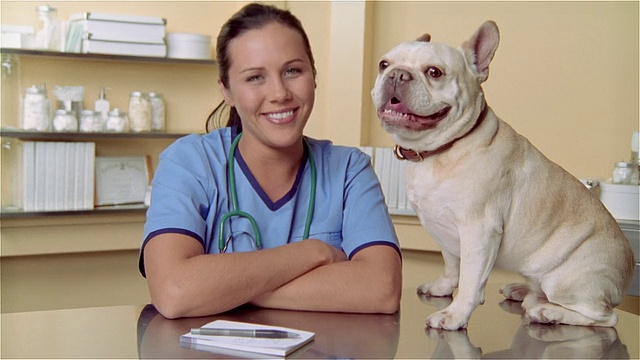CU，女兽医和法国斗牛犬在检查台上，肖像视频素材